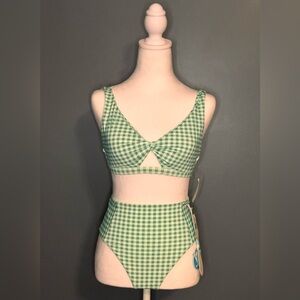 WET Brand Jade Green Gingham Bikini Bathing Suit High Waisted Bottoms Medium NWT